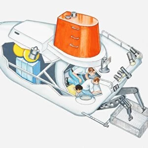 Cross section illustration of three men inside Alvin submersible