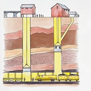 Cross section illustration of pit mine showing elevators moving up and down in mine shaft, and train of coal below