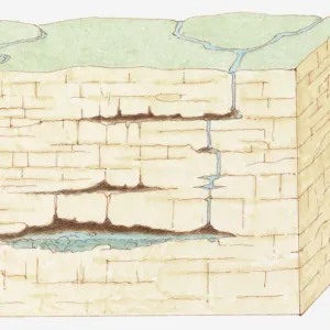 Cross-section illustration showing development of limestone caves, by streams and rainwater seeping through cracks and gradually dissolving the rock