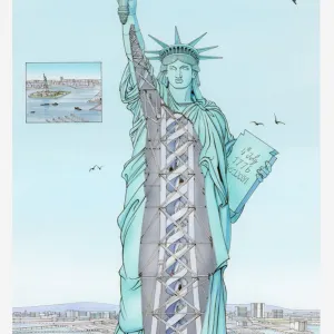 Cross section illustration of the statue of liberty which is hollow inside with spiral stairway leading to the crown