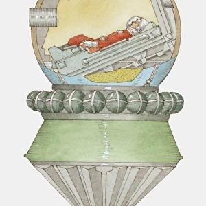 Cross section illustration of Yuri Gagarin in Vostok 1 space capsule