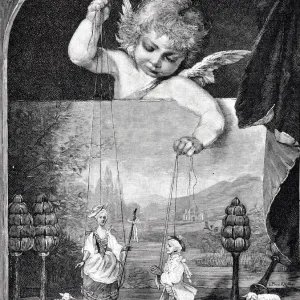On Cupids thread: angel holds doll figures On Cupids thread: angel holds doll figures