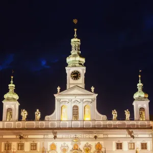 Czech Republic, Bohemia, Ceske Budejovice (Budweis), City Hall at nigh Czech Republic, Bohemia, Ceske Budejovice (Budweis), City Hall at nigh