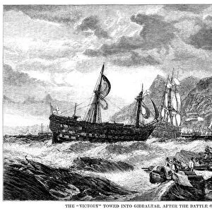 The damaged HMS Victory being towed into Gibraltar after the Battle of Trafalgar, 1805