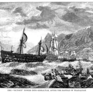 Die beschädigte HMS Victory wird nach der Schlacht von Trafalgar in das Jahr 1805 ins Hafen von Gibraltar geschleppt. Die beschädigte HMS Victory wird nach der Schlacht von Trafalgar in das Jahr 1805 ins Hafen von Gibraltar geschleppt.