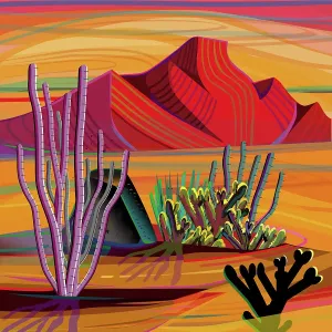 Desert, Cactus, Mountain in Background Landscape Illustration in warm sunset colors
