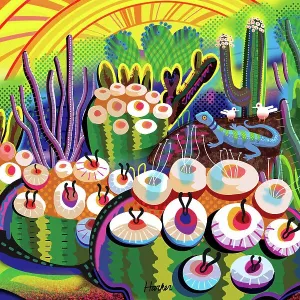 Desert Moss Garden with Blue Gecko Ilustration