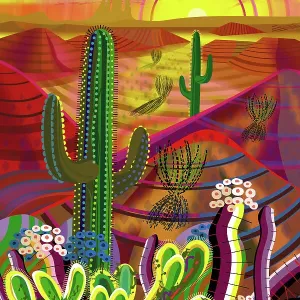 Desert, Saguaro Cactus, Mountains Landscape Illustration in warm sunset sunrise colors