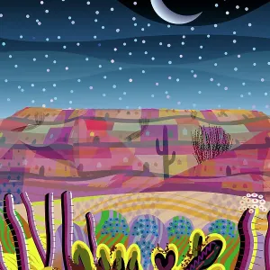 Desert, Saguaro and other cactus plants, Mountains in Background Landscape Illustration in starry night