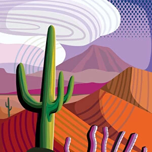 Desert, Saguaro and Ocotillo Cactus, Mountains in distance Landscape Illustration