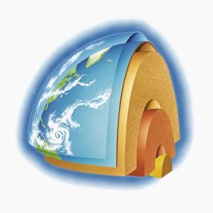 Diagram of the Earths structure showing inner and outer core, mantle, crust and atmosphere, digital illustration