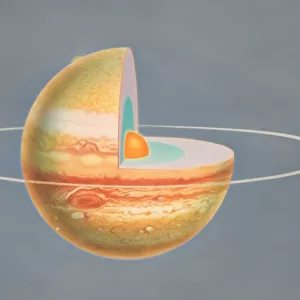 Diagram of planet Jupiter with quarter of sphere removed to reveal subterranean layers, front view