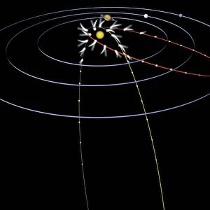 Diagram showing planetary orbits, the sun and the path of a comet, digital illustration