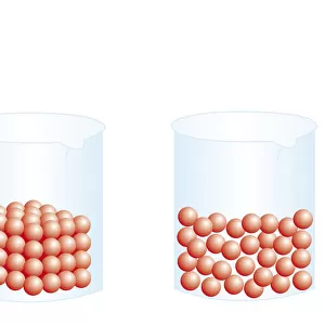 Digital illustration of atoms of solid and liquid gas in beakers
