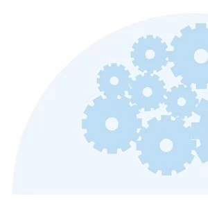 Digital illustration of cogs in blue semi circle