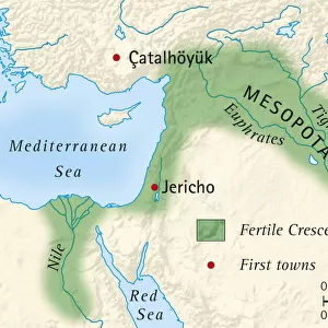 Digital illustration of the fertile crescent of Mesopotamia and Egypt and location of first towns