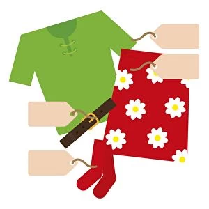 Digital illustration of labels on womens items of new clothing including, top, skirt, belt and sock