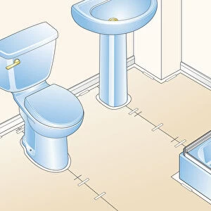 Digital illustration of paper template taped to bathroom floor surrounding toilet and sink