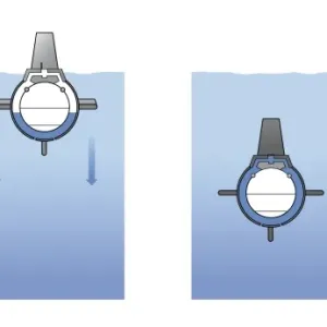 Digital illustration of partially submerged submarine floating just below surface of water, submerging and fully submerged submarines, and surfacing. submarine
