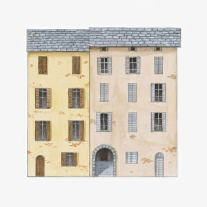 Digital illustration of patriarchal houses in Castagniccia region on the island of Corsica built to hold several families