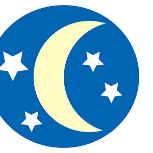 Digital illustration representing crescent moon and stars in blue circle