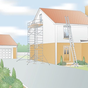 Digital illustration secure ladders and access tower outside house