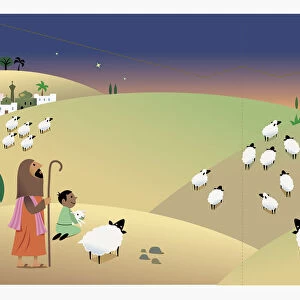 Digital Illustration of shepherds watching their flocks at night