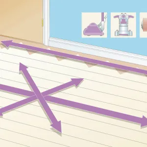 Digital illustration showing different areas of wooden floor, and insets of sander and attachment