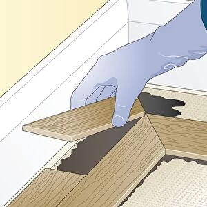 Digital illustration showing how to lay herringbone pattern floor block around perimeter using adhesive