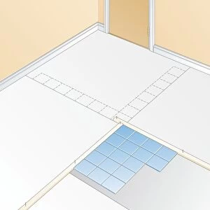 Digital illustration showing planning of tiled floor with battens, central line, and laid tiles