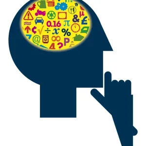 Digital illustration of signs and symbols inside head representing different areas of the human brain