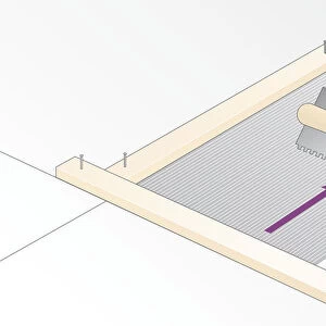 Digital illustration of spreading adhesive with notched edge of trowel