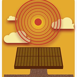 Digital illustration of sun radiating heat above solar panel