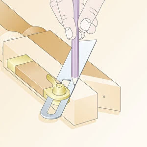 Digital Illustration of using pencil and sliding bevel to transfer joint angle to new spindle on baluster