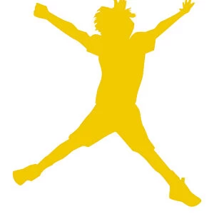 Digital illustration of yellow silhouette of boy doing star jump