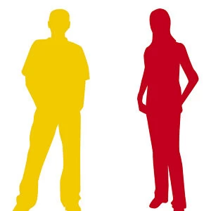 Digital illustration of yellow silhouette of man and red silhouette of woman