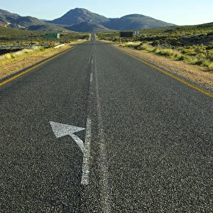 Directional arrow to the left on the straight strip of asphalt at the National Road N7 near Springbok on the road north to the border with Namibia, Northern Cape Province, South Africa, Africa