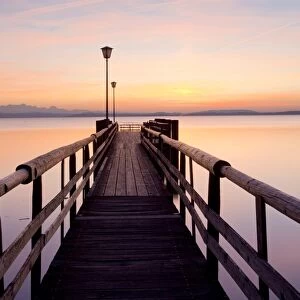 Dock in the evening light near Chieming on Lake Chiemsee, Bavaria, Germany, Europe, PublicGround
