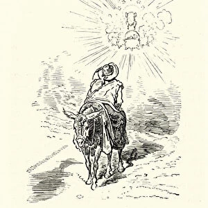Don Quixote, Sancho Panza riding donkey backwards