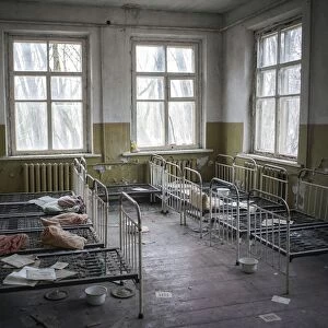 Dormitory, abandoned kindergarten of a village in the contaminated zone, near Chernobyl