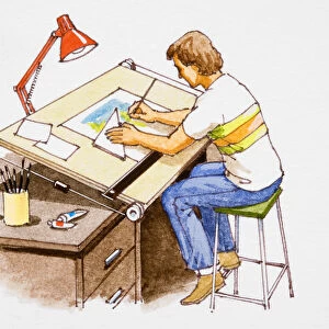 Draftsman working at desk in office, elavated view