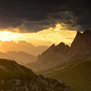 Dramatic sunset over Passo Giau, Dolomites