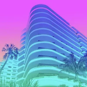 Dreamlike picture of colorful building with palm trees in Miami beach Dreamlike picture of colorful building with palm trees in Miami beach