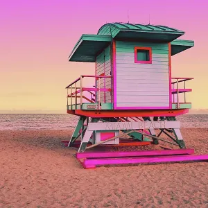 Dreamlike picture of colorful lifeguard cabin in the Miami beach at sunset Dreamlike picture of colorful lifeguard cabin in the Miami beach at sunset