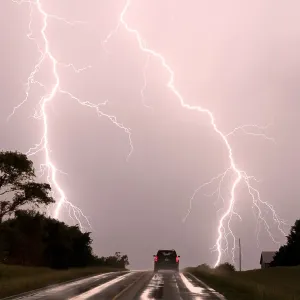 Driving into the Storm Print, Double Lightning Bolts over Highway Driving into the Storm Print, Double Lightning Bolts over Highway