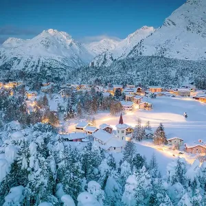 Dusk on snowy woods and Chiesa Bianca, Switzerland Dusk on snowy woods and Chiesa Bianca, Switzerland