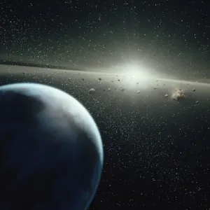 Earth, asteroid belt and star Earth, asteroid belt and star