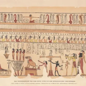Egyptian god Osiris in the underground courtroom, chromolithograph, published 1879 Egyptian god Osiris in the underground courtroom, chromolithograph, published 1879