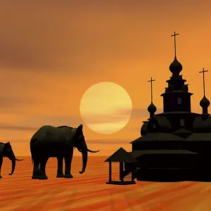 Two Elephants Sunset Print