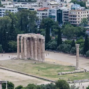 Elevated view of the Temple of Olympian Zeus colossal ruined temple in central Athens Elevated view of the Temple of Olympian Zeus colossal ruined temple in central Athens